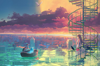 Girl In Cloud Scenic White Dress, anime-girl, anime, artist, artwork, digital-art, pixiv HD wallpaper