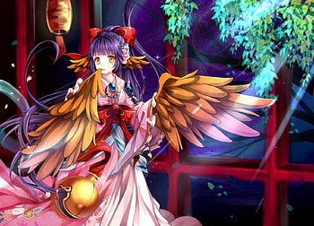 Angel, night, wings, girl, orange, purple, pink, anime, green, red, manga HD wallpaper