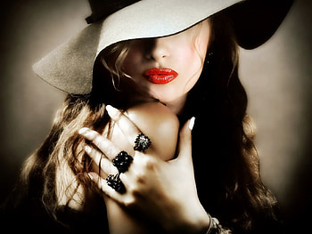Red Lips, rings, mystery, red, lips, girl, hat HD wallpaper