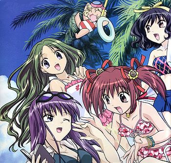 Mew Mew Beach, ichigo, strawberry, freinds, fun, lettuce, zakuro, cute, mew mew power, minto, beach, mint, sunglasses, goggles, pudding, mew mews, floatie, purin, other, bikini, tokyo mew mew, wristband, book, anime, family, pom trees, clouds, sky HD wallpaper