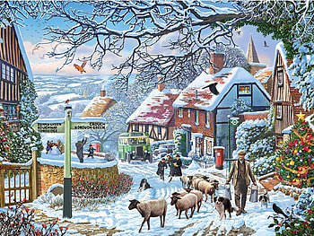 Country Winter Bus, winter, painting, snow, sheep, trees, houses, village HD wallpaper