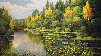 By Mark Kalpin, river, nature, painting, tree HD wallpaper