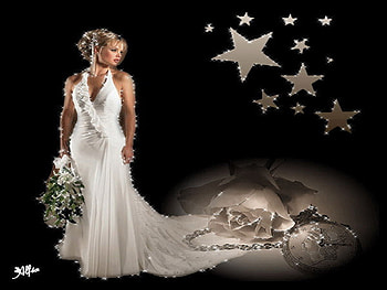 lady in white, rose, bouquet, clock, stars HD wallpaper