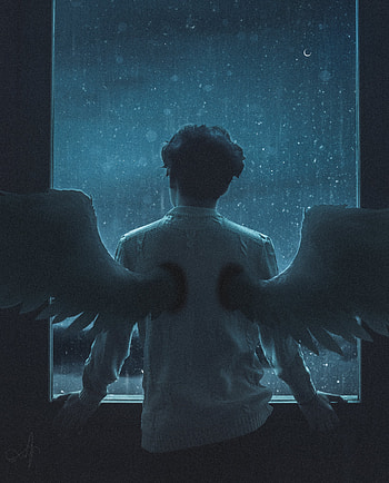 Angel, art, midnight, blue, angel, wings, window, hope, lights, space HD phone wallpaper