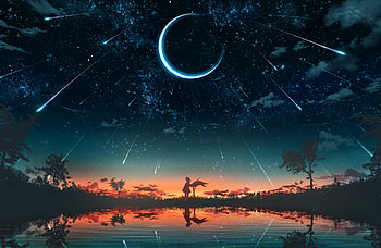 Sunset, Art, Stars, Moon, Silhouette, Girl HD wallpaper