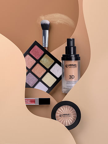 Flat lay of cosmetics including eyeshadow, lipstick, and blush with neutral tones. HD phone wallpaper