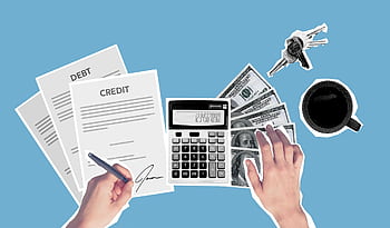 Overhead view of financial planning with debt and credit documents, calculator, and cash on blue background. HD wallpaper