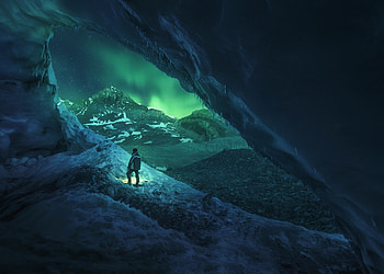 Snow, , Aurora Borealis, Mountain, Night, Winter HD wallpaper