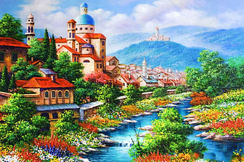 Palace of Dreams, artwork, river, buildings, landscape, castle, mountains HD wallpaper