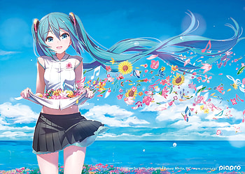 Hatsune Miku, blue, sea, white, girl, vocaloid, beach, summer, pomon illust, anime, flower, water, manga HD wallpaper