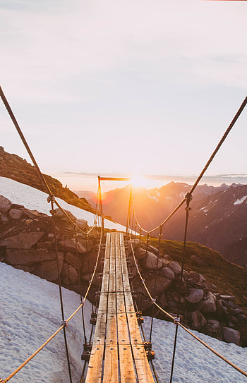 Nature, Mountains, Snow, Vertex, Top, Bridge, Sunlight, Suspension Bridge HD phone wallpaper