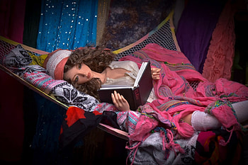 Doll, night, pink, book, papusa, girl, hammock HD wallpaper