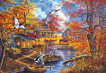 Bayou Haven, barn, autumn, cabins, trees, boat, river, car, ducks, artwork, painting HD wallpaper