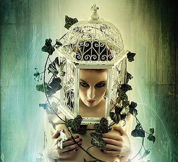 Placed in Confinement, ivy, fantasy, green, eyes, hands, lips, cage, female HD wallpaper