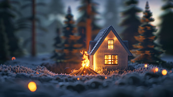 Snowy Cabin Retreat with Bonfire, cabin, bonfire, snowy landscape HD wallpaper
