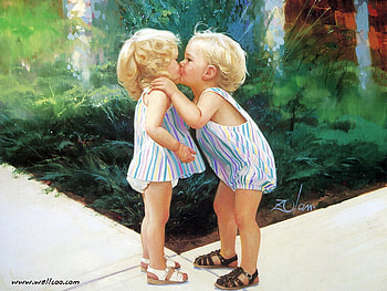 Twins kissing, by Donald Zolan, painting, art, chldren, donald zolan, kiss HD wallpaper