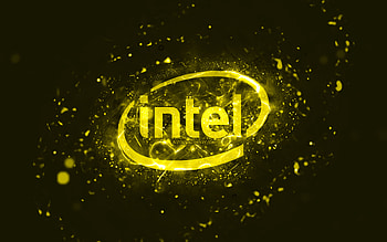 Intel yellow logo, , yellow neon lights, creative, yellow abstract background, Intel logo, brands, Intel HD wallpaper