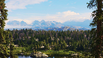 Bridger-Teton National Forest, Duran, Gutierrez, and Elbow Peaks, Wyoming, landscape, clouds, trees, USA, sky, mountains HD wallpaper