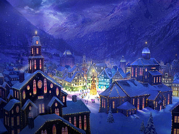 Christmas evening, night, blue, winter, white, city, art, house, square, people, tree, painting, snow, lights, christmas, evening HD wallpaper