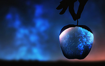 Crystal apple, glass, fruit, apple, mar, stars, sky, night, blue, crystal, hand, silhouette HD wallpaper