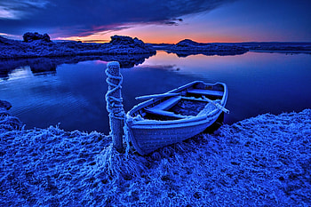 Snow frost, boat, winter, sunset HD wallpaper
