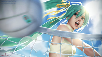 Hatsune Miku, blue, voleyball, gohpot, girl, vocaloid, beach, summer, anime, manga, vara HD wallpaper