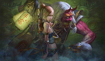 Shhh!, mask, oni, art, chin likhui, girl, dark, demon, pink, fantasy, green, luminos HD wallpaper