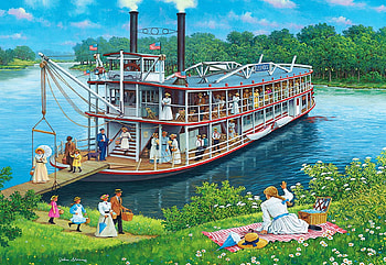 Riverboat, steamer, painting, landscape, sky, people HD wallpaper