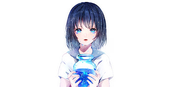 Cute, anime girl with jar, blue liquid, original HD wallpaper
