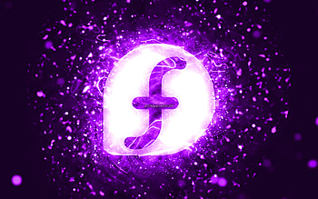 Fedora violet logo, , violet neon lights, creative, violet abstract background, Fedora logo, Linux, Fedora HD wallpaper