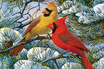 Cardinals in Winter, birds, snow, tree, branch, artwork, painting HD wallpaper