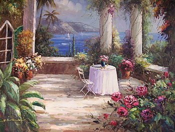My Space, chair, plants, place, floral, balcony, boats, private, ocean, table, tranquility, beautiful, away, personal, view, vines, peace, flowers, coloumns HD wallpaper