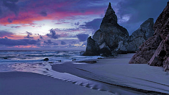 Twilight Sky over Rocky Beach, Twilight, Rocks, Sea, Nature, Sunsets, Beaches, Oceans, Clouds, Sky HD wallpaper