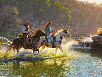 Picnic, horse, painting, man, girl HD wallpaper
