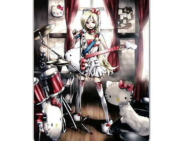 Hello Kitty Girl, sexy, drum, ribbon, guitar, music instrument, girl, cat, long hair, dress, band, anime girl, hello kitty, music, anime, blonde hair, female HD wallpaper