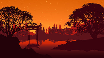 Art, Landscape, Trees, Lake, Torii HD wallpaper