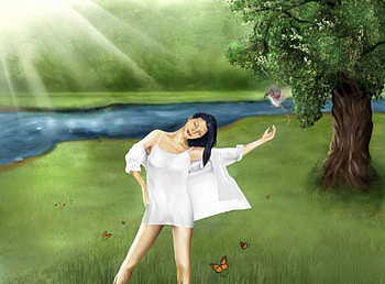birth of nature, bird, butterfly, sunrays, girl, tree HD wallpaper