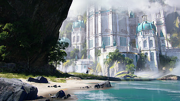 : Warrior Before the Crystal Citadel, fantasy, building, landscape, warrior, fantasy landscape, fantasy warrior HD wallpaper