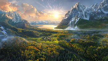Magic landscape, peaceful, amazing, water, sun, sea, magic, color, landscape, waterfalls, beautiful, mountain, lake, outdoor, waterfall, nature, lovely, village HD wallpaper