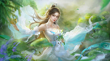 Cat Lover, digital, art, fantasy, beautiful, cat, girl, serene, woman HD wallpaper