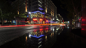 late night street after a rain shower, puddle, night, street, lights HD wallpaper