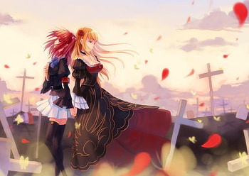 Umineko no naku koro ni, croa, Beatrice, long hair, dress, anime, petals, flower, girls, sky HD wallpaper