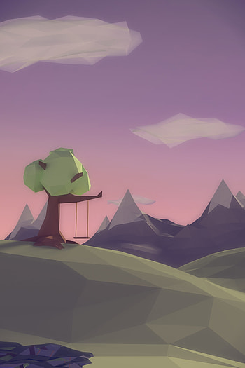 Landscape, Mountains, Wood, Tree, 3D, Swing, Rendering, Polygon HD phone wallpaper