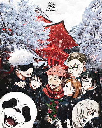 Jujutsu kaisen, megumi fushiguro, panda, winter, anime winter, yuji itadori, nobara kugisaki, snow, jujutsu kaisen , gojo satoru, toge inumaki, maki zenin, jujutsu kaisen anime, anime HD phone wallpaper