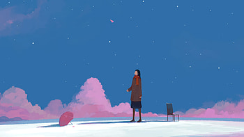 Minimal, sky, clouds, anime girl, umbrella HD wallpaper