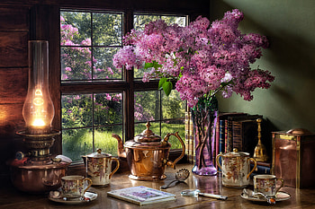 Still life, Kettle, Bouquet, Window, Books HD wallpaper