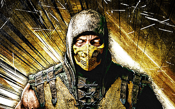 Scorpion, grunge art, ninja, Mortal Kombat X, Full Scorpion Man, Hanzo Hasashi, yellow abstract rays, Mortal Kombat, Scorpion Mortal Kombat HD wallpaper