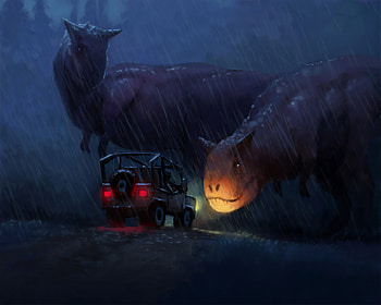 Dinosaur Stoping The Car, artist, artwork, digital-art, dinosaur HD wallpaper