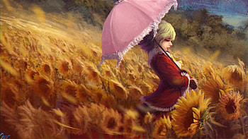 Kazami Yuuka, umbrella, art, girl, sunflower, pink, kazami yuka, anime, field, red, touhou, matsura itchirou, luminos, manga HD wallpaper