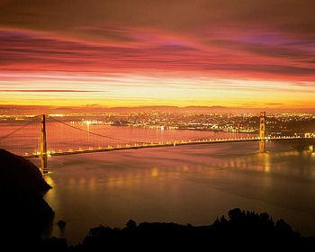 Golden Gate Bridge, architecture, city, sunrise, lake, yellow, bridge, clouds, nature, sky, water, sun HD wallpaper